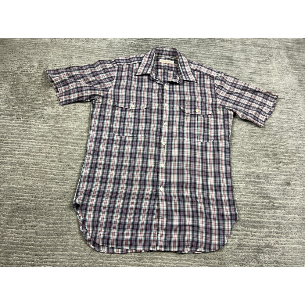 Faberge Plaid Button Up Shirt Mens M Blue Red Vintage Short Sleeve Chest Pockets